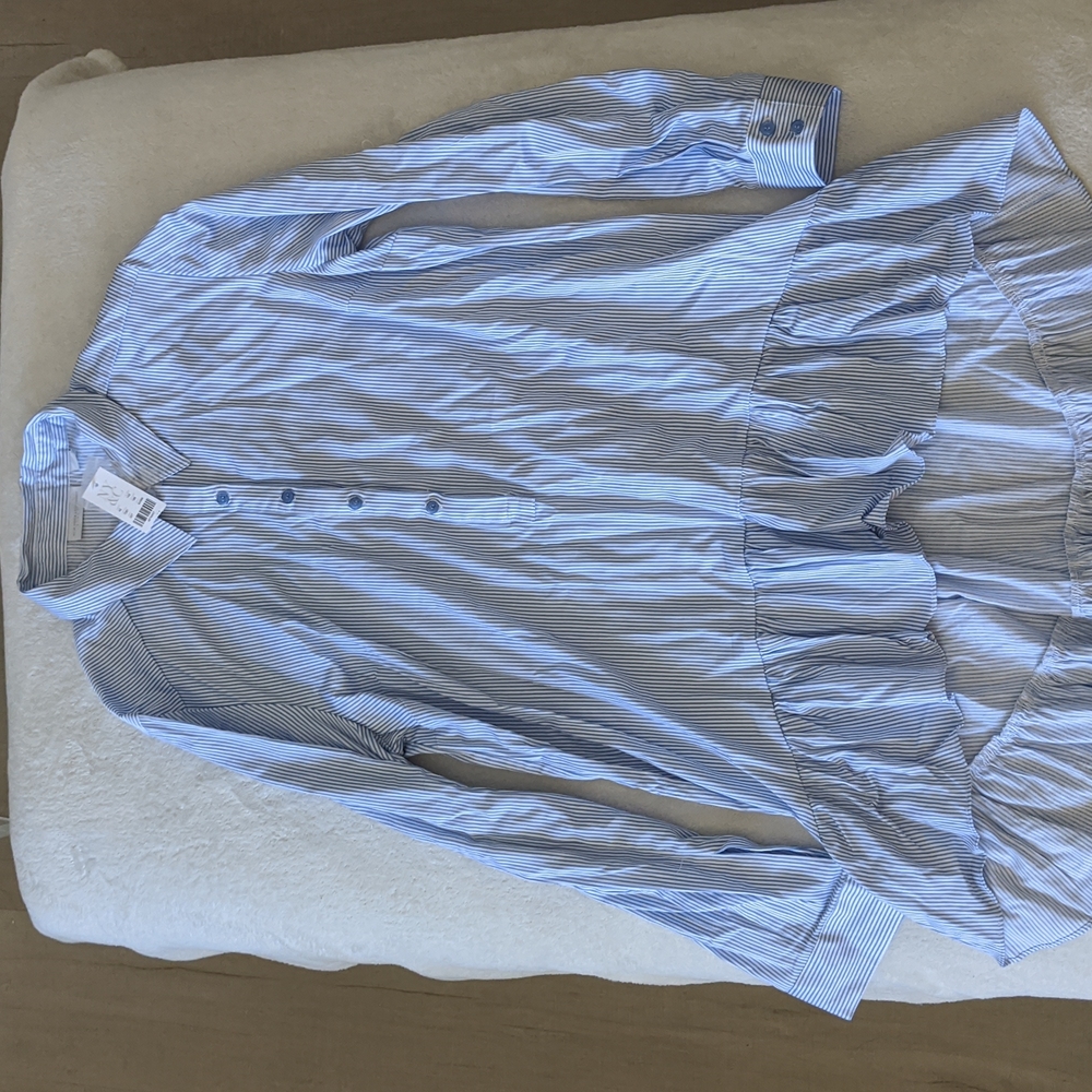 New York & Company Ruffled High Low Striped Blouse